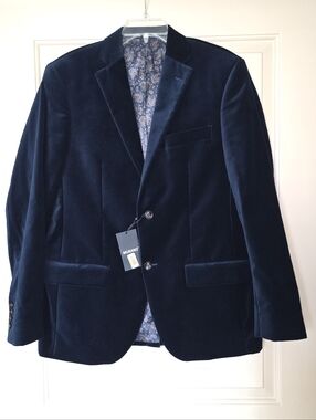 NWT Murano Slim Fit Velvet Blazer Navy Blue 2 Button Jacket Paisley Lined Size L